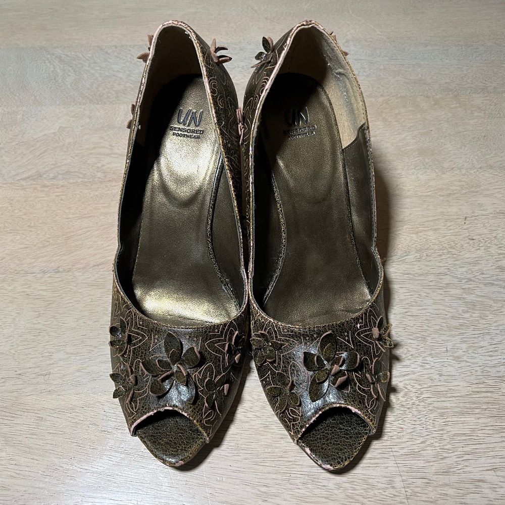 Brown Floral Peep Toe Wedge